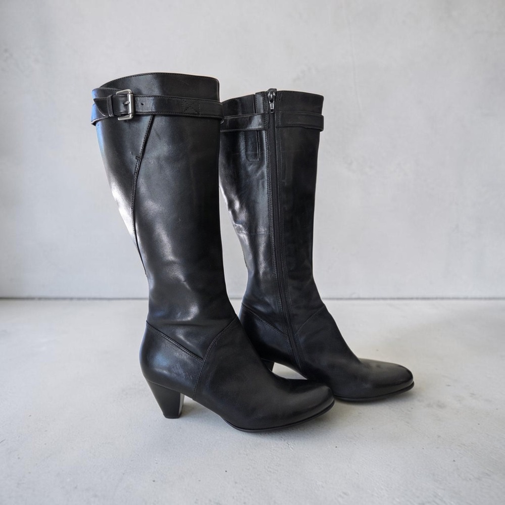 Ecco Hope Black Knee High Buckle Leather Heeled Boots Women's EU 41 / US 10